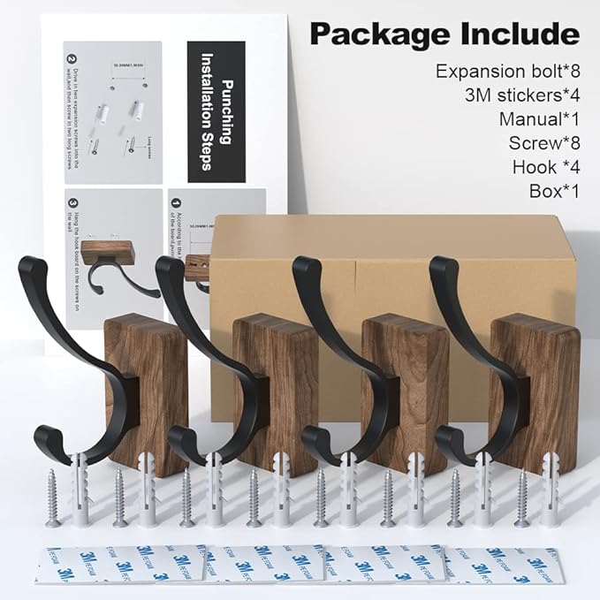 IURRDOP 4 PCS Black Walnut Wood Wall Hooks Adhesive Mounted & Wall Mounted Rustic Decorative Entryway Hooks Mid Century Modern Natural Wooden Pegs for Hanging Coat Clothes Hat Bag Purse and Towel