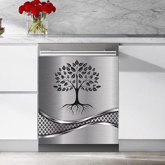 Stainless Steel Design Tree Pattern Magnetic Dishwasher Cover Sticker,Kitchen Decor Magnet Cabinet Fridge Panel Decal Sticker 23W x 17H inchs
