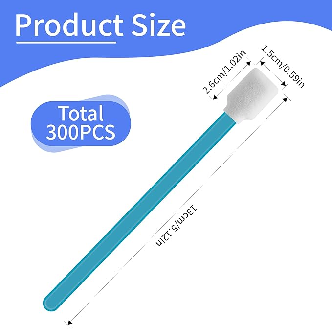 300 Pcs Lint-Free Lab/Printer/Optical Printheads Foam Swabs for Inkjet Printheads, Sensors, Electronics, Cameras, Car Detailing, Optical Equipment and Precision Tools