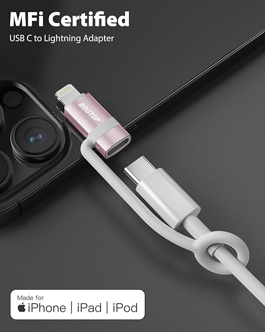 BOUTOP [MFi Certified] 36W USB C to Lightning Cable Adapter, Support Data Sync/PD Fast Charging Compatible with iPhone iPad AirPods, with Anti-Lost Holder - Rose Gold 2 Pack