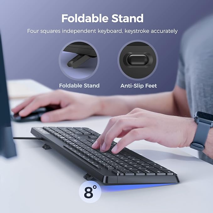Virfour Wired Keyboard,Quiet Keyboard, Multimedia USB Computer Keyboard, Silent Keyboardwith Low Profile Chiclet Keys,Large Number Pad,Spill-Resistant,Anti-Wear Letters,Full Size for Laptop,Desktop