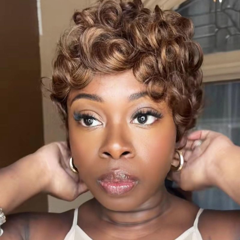 ShowReal Pixie Cut Wigs for Black Women Pixie Cut Human Hair Wigs Natural Black Short Curly Human Hair Wig Short Layered Brazilian Virgin Human Hair Gluless Wigs (025-1B)