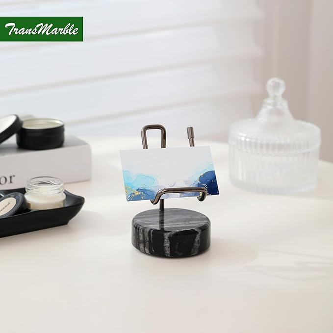 TransMarble Marble Phone Stand with Metal Holder, Charging Available While Using, Swipe Up to Unlock, Made of Natural Marble as Business Card Holder for Office Desk (Wooden Black + Black)