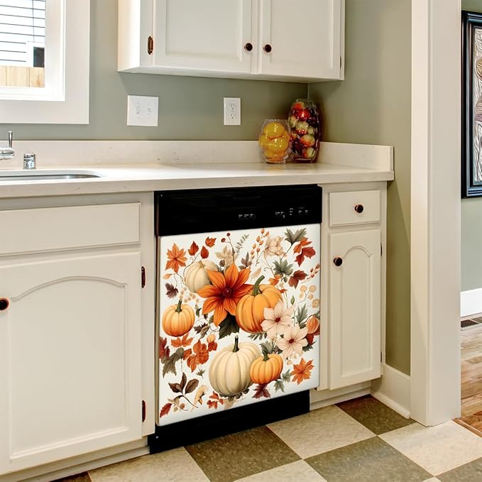 Dishwasher Magnet Cover Fall Pumpkins Flower Leaves Reusable Dishwasher Magnetic Cover Sticker Decorative Dish Washer Door Cover Panel for Home Kitcen Appliance, 21x26 in
