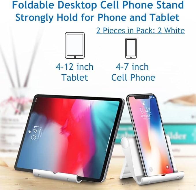 JUSDIQIR Cell Phone Stand for Desk 2 Pack Mobile Phone Holders Desktop Tablet Stand, Foldable Phone Dock Universal Adjustable Tablet Stand for Desk Compatible with Cell Phone Support (White 2 PCS)