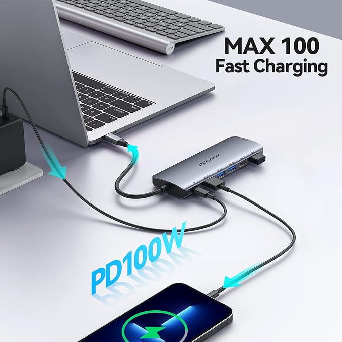 USB C Hub, Acodot 9-in-1 USB C Dongle, All-in-One USB C Hub Multiport Adapter with 3 x USB 3.0 ports, 4K HDMI, 100W Power Delivery, MicroSD/SD Card Reader for MacBook Air, MacBook Pro, XPS