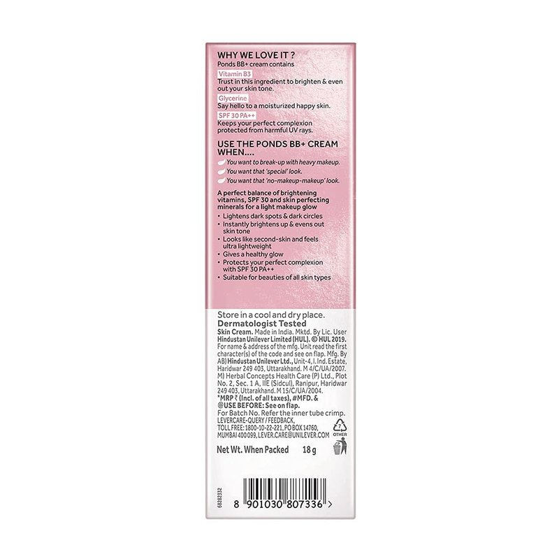 POND’S BB+ Cream Natural Shade, Light Coverage with SPF 30 PA++, 18 g (0.63 oz)