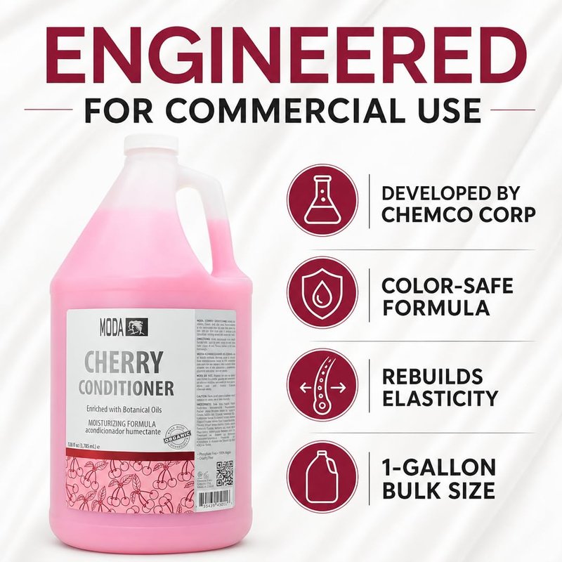 MODA Cherry Bulk Salon Conditioner Premium Back-Bar & Amenity Treatment Salon-Grade Luxury at Commercial Scale A 'set it and forget it' 1-Gallon single-SKU solution Repairs the cuticle 128 Oz