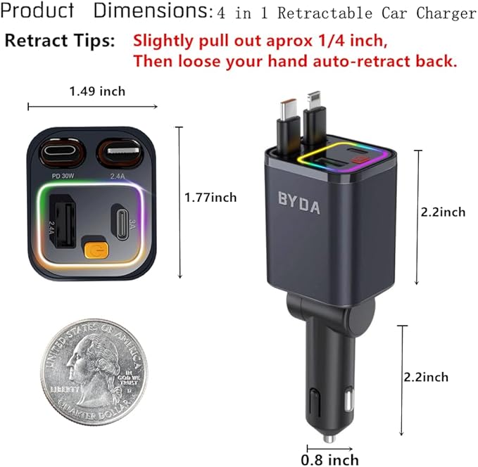4 in 1 Retractable Car Charger,69W USB-C Fast Car Charger, for iPhone16/15/14/13/12,Cigarette Lighter Charger (Grey, Dual Type C &RGB Breathing Light)