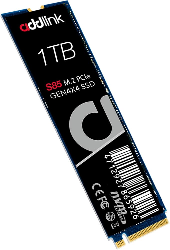 Addlink S85 1TB NVMe SSD M.2 2280 PCIe 4.0 Gen4 Internal Solid State Drive, Up to 6000MB/s, HMB Technology, 3D TLC NAND, Storage Upgrade for Laptop, Desktop PC, Gaming, Creators (ad1TBS85M2P)