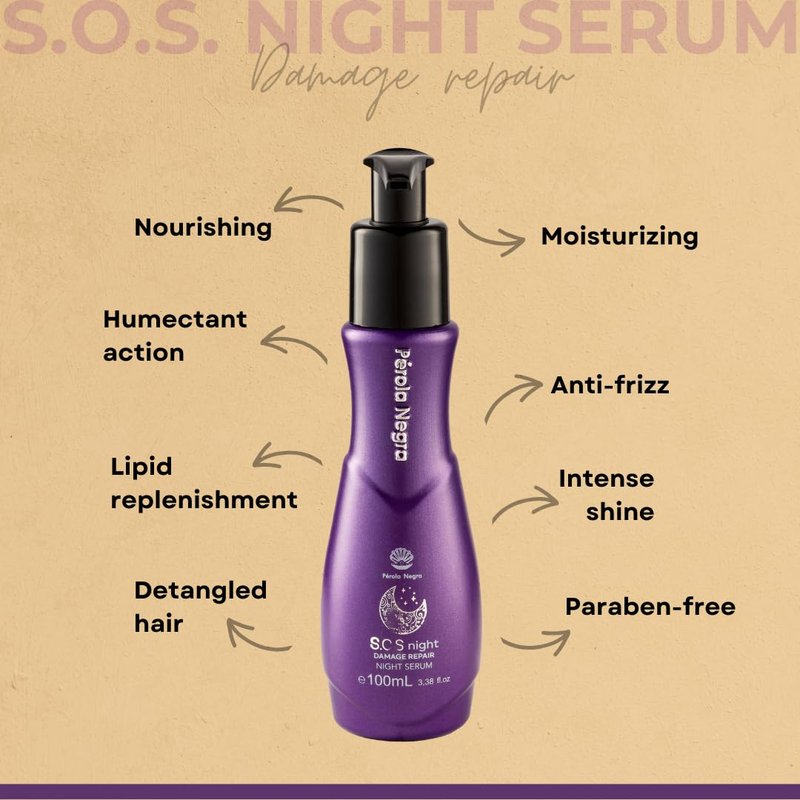 PÉROLA NEGRA S.O.S Night Serum - Damage Repair with Vitamin E & Argan Oil | 3.38 Fl. Oz - Nourishing Treatment for Dry Hair