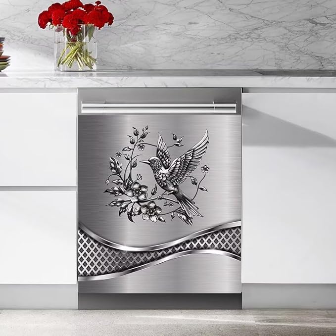 Stainless Steel Bird Pattern Dishwasher Magnet Refrigerator Cover, 23W x 17H inchs