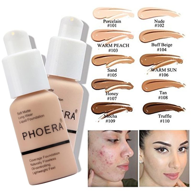 PHOERA Full Coverage Makeup Set - Mushroom Head Air Cushion CC Cream Natural Foundation, Concealer, Primer, Powder & Foundation Brushes (102 Nued +02 Natural CC)