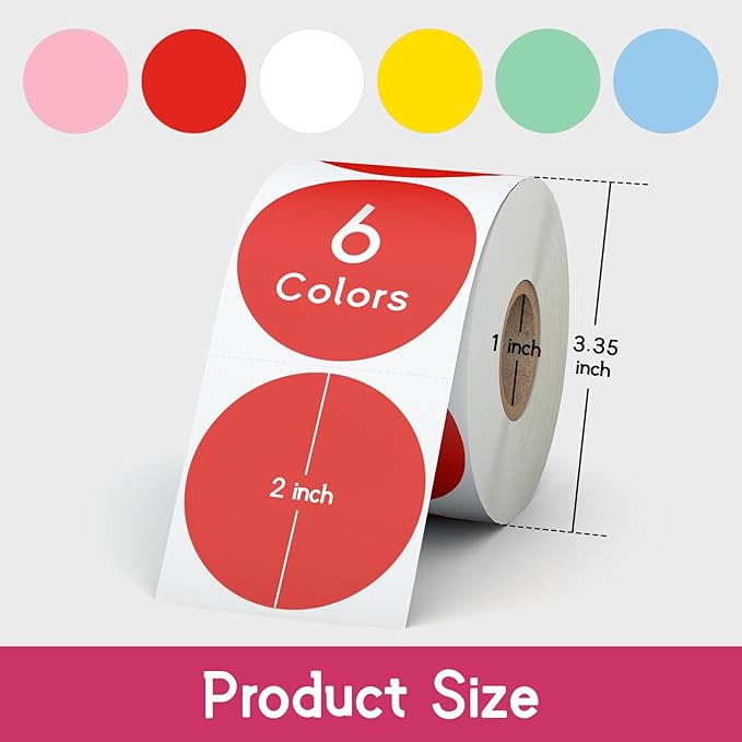 StickerTag 6 Rolls 2 Inch 6-Color Assorted Circle Direct Thermal Stickers Labels, Self-Adhesive Round Direct Thermal Labels for Business, DIY, Code, Name Tag, Envelope Seal - 4500 Labels