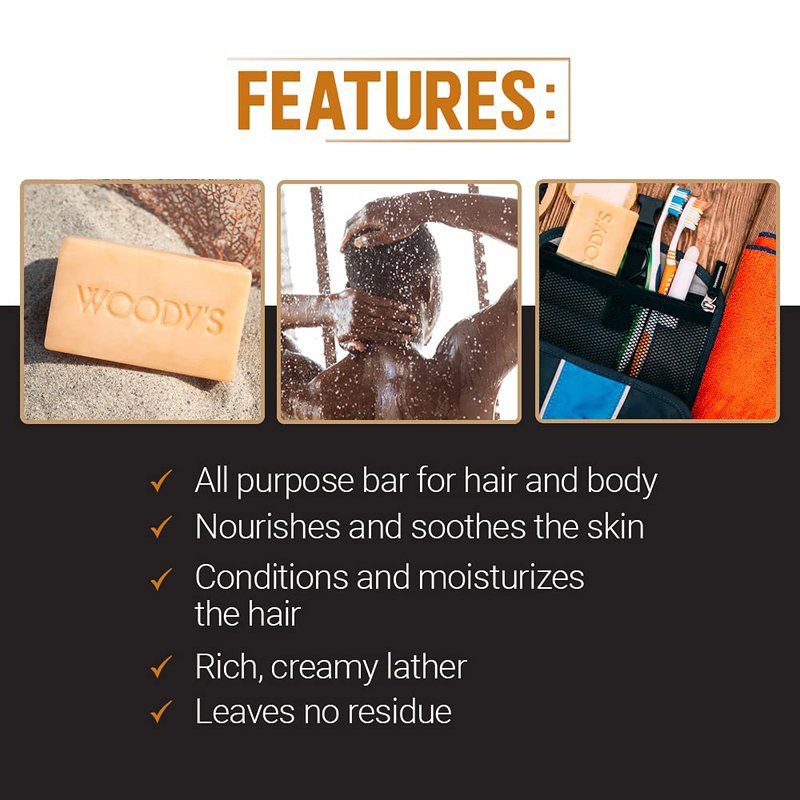 Woody's Hair & Body Shampoo Bar for Men – 2-in-1 Solid Shampoo Bar & Body Wash, Deep Cleansing, Moisturizing, Refreshing Scent, 8 oz, 2 Pack