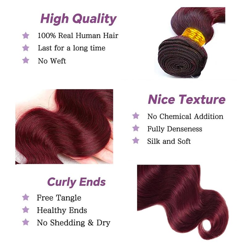 99J Burgundy Human Hair Bundles Body Wave 24 Inch 12A Wine Red Double Weft Brazilian Bundles Human Hair Extensions 1 Pack