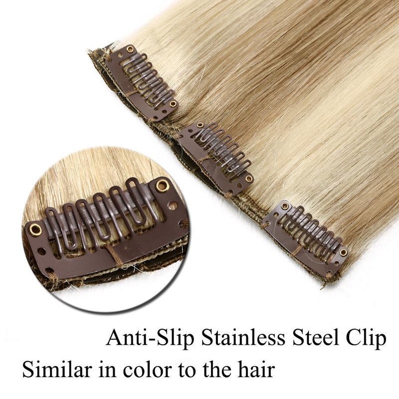 Real Human Hair Clip-In Extensions - Light Blonde & Golden Blonde 14 Inch 60g | 8pcs Remy Balayage Weft for Women