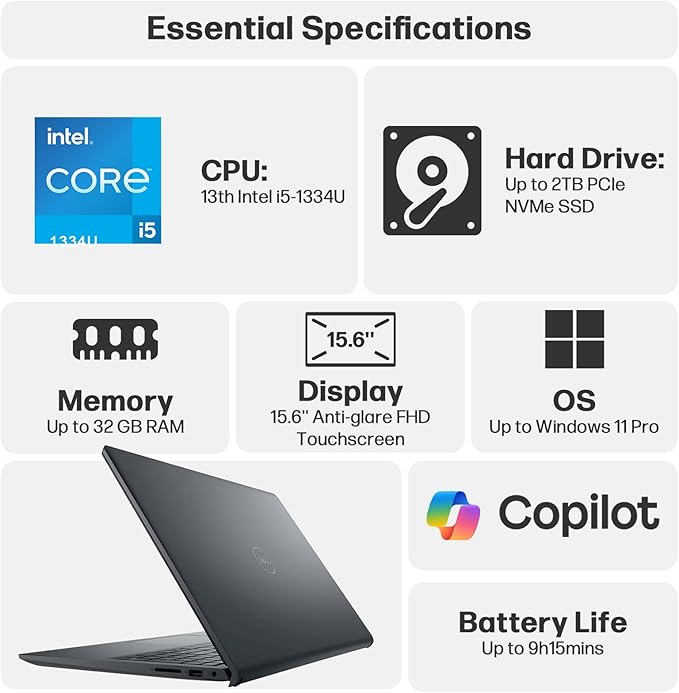Dell Inspiron 15 Touchscreen Laptop Computer for Home Business Student, 15.6" FHD, Intel 10-Core i5-1334U, 16GB DDR4 RAM, 512GB PCIe SSD, WiFi 6, Bluetooth, Windows 11 Home, Type C Hub + 256GB SD Card