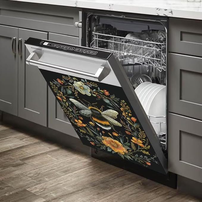 Flower and Bee Pattern Dishwasher Magnet Cover Sticekr - Kitchen Decorative Fridge Panel Decal - Kitchen Appliances Decorate Sticker - 23W x 26H inchs