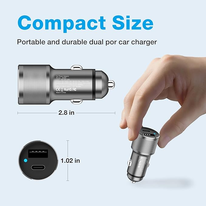 MOCA 38W Fast Car Charger, 2-Port PD/QC 3.0 All Metal Car Power Adapter W/2 PCS 3.3ft PD Lightning Cord Quick Charging for iPhone 17/16/15 Series, Samsung Galaxy S25/S24/S23 Series, iPad Pro, AirPods