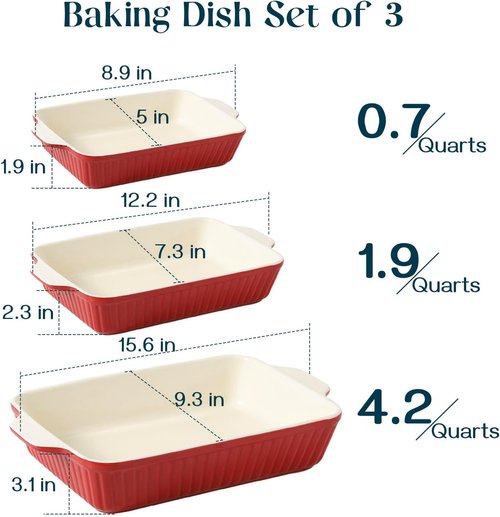 DOWAN Casserole Dishes - Set of 3 Rectangular Ceramic Baking Dishes, 135 oz Capacity, Red | Perfect for Oven Use