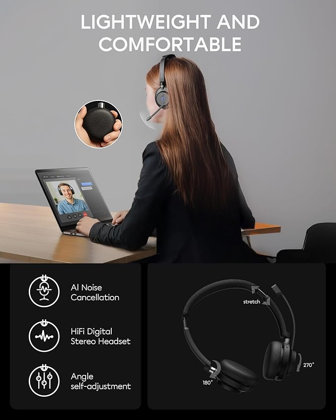 Wireless Bluetooth Headset with Microphone for Work, Bluetooth 5.3, Noise Reduction Mic with HD Voice, Hi-Fi Stereo Sound, Lightweight & Comfortable Design for PC, Laptop, Phone, Call Center, Home