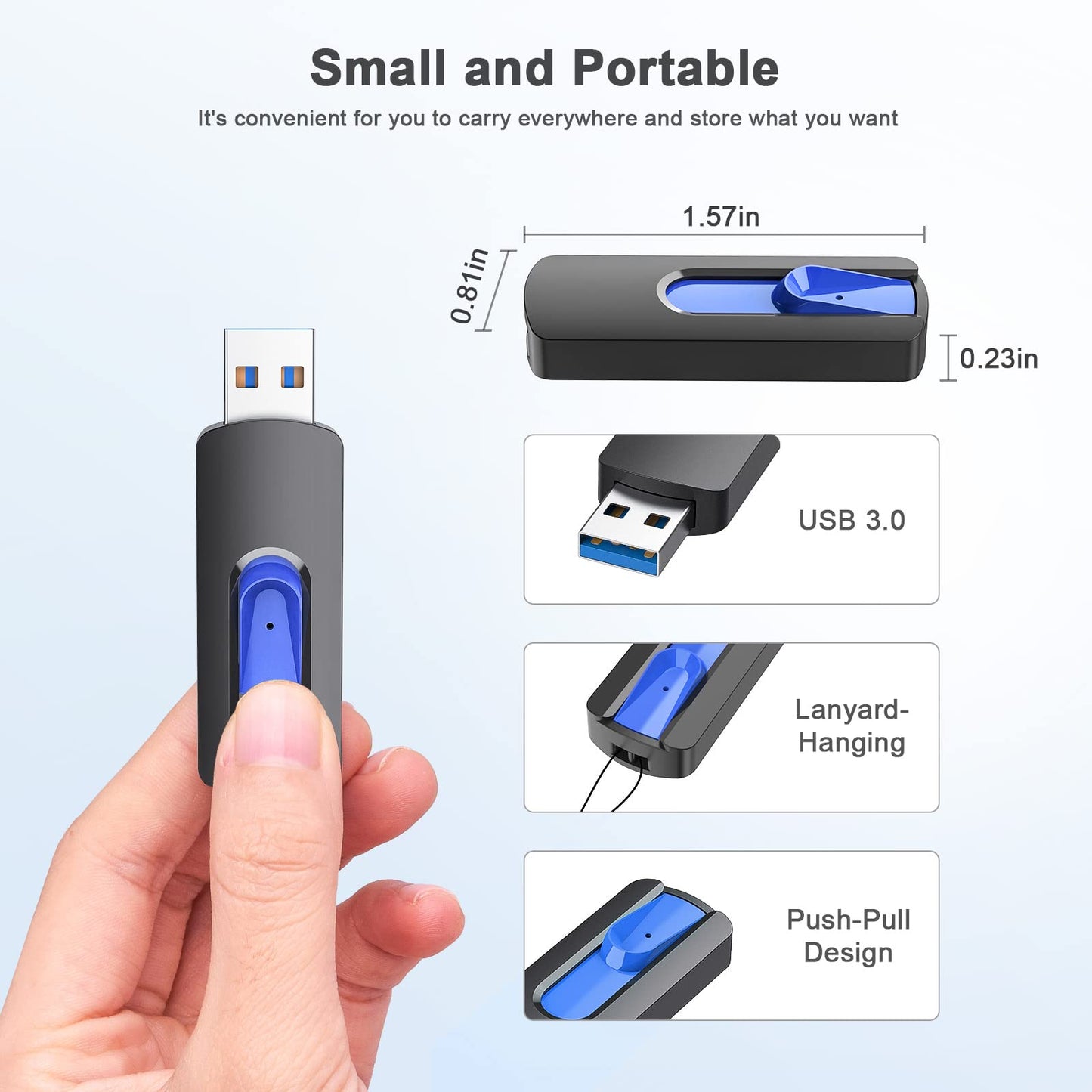 JUANWE 64GB Flash Drives 5 Pack, USB 3.0 Flash Drive Retractable Slide Thumb Drive, Thumb Drives 5 Pack Jump Drives Multipack Bulk USB Drive Data Storage for Computers, Blue