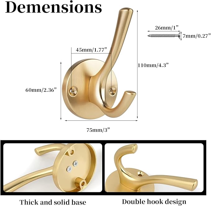 NETLKLA 4 Packs Gold Coat Hooks, Silver Robe Hook, Decorative Towel Hooks, Heavy Duty Double Prong Wall Hooks, Metal Closet Hooks, Hat Hooks for Hanging for Bathroom, Kitchen and Office