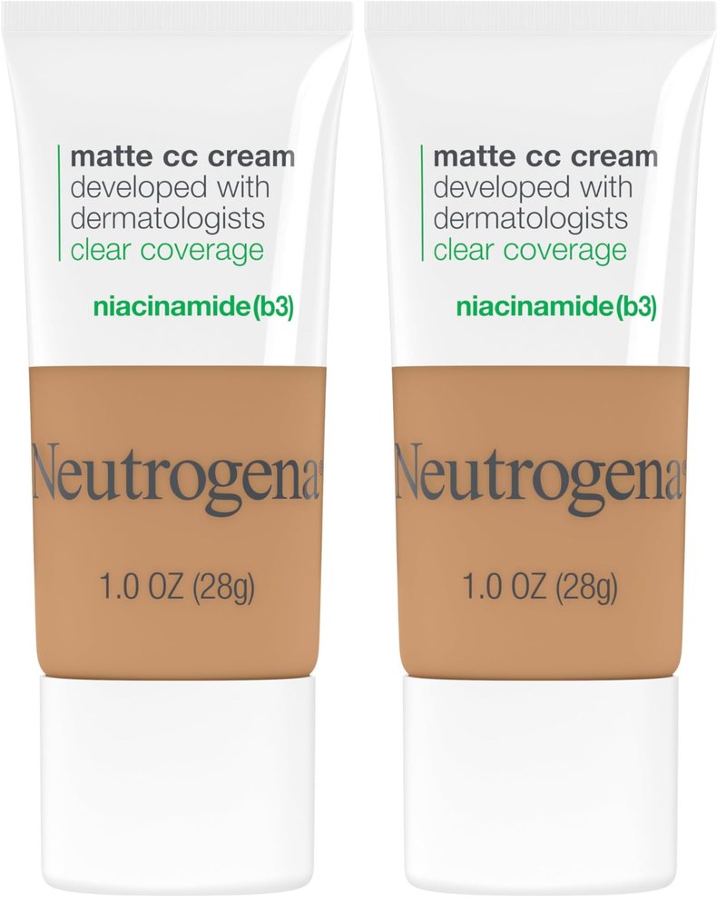 Neutrogena Clear Coverage Flawless Matte CC Cream, Full-Coverage Color Correcting Cream Face Makeup with Niacinamide (b3), Hypoallergenic, Oil Free &-Fragrance Free, Butterscotch, 1 oz (Pack of 2)