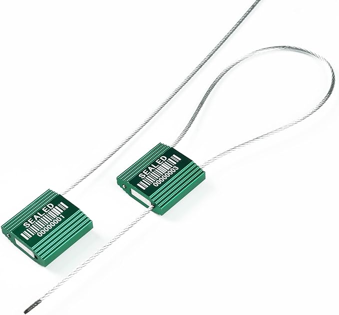 LeadSeals 100 Green Steel Cable Seals With Barcode - High Security Numbered Truck Anti-Tamper Pull Tite Tags - Metal Container Shipping Self-Locking Safety Ties ISO 17712