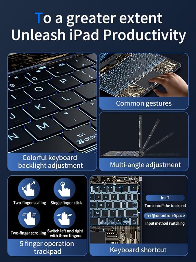 KARTICE Transparent Case with Wireless Keyboard for iPad 10.2 Inch (7th/8th/9th Gen), 7 Colors Backlight, Multi-Touch Trackpad, 360° Rotating Stand Case with Pencil Holder for 10.2'' iPad