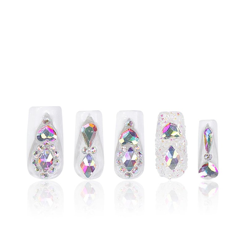 LOVFUL Press on Nails Candy Diamonds & White French Tip | Handmade with Full Covered Crystals | Reusable Fake Nails | Square Regular 1.0 in | H36-L