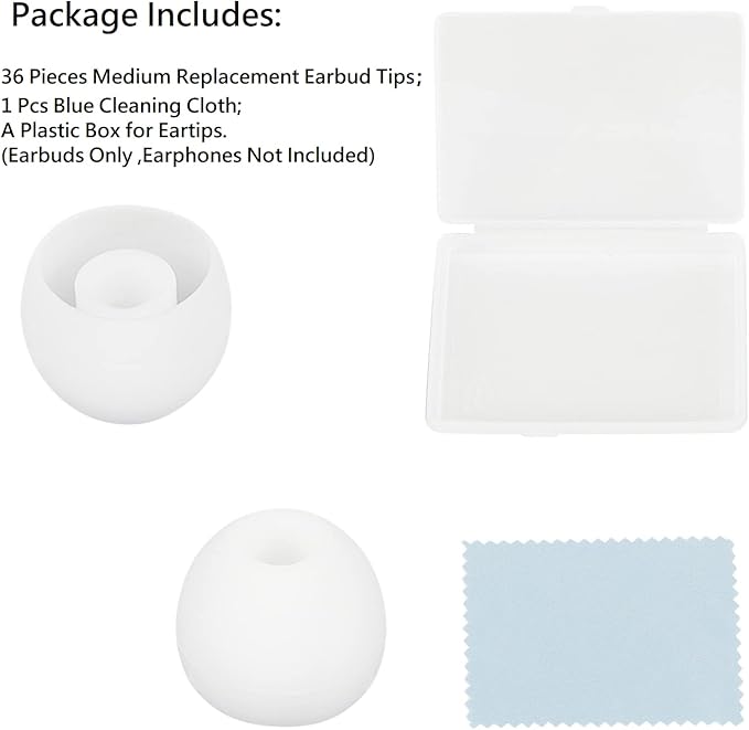 CYADCI 36 Pieces Medium Earbud Tips Soft and Comfortable Ear Bud Replacement Pieces Silicone Fit Most in-Ear Headphones，Inner Hole 3.8mm -5.5mm，Medium White Earbud Replacement Tips