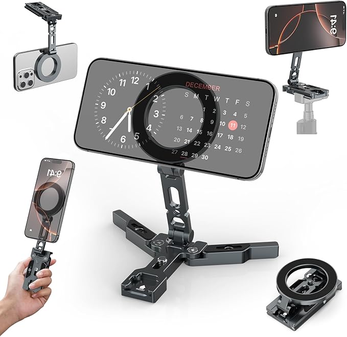 Magnetic Phone Tripod Mount Adapter for MagSafe, Aluminum Foldable Phone Holder with Arca-Swiss & 1/4" Screw Hole, Cold Shoe Mount for Camera, Pocket Mini Selfie Stick Tripod Mount for iPhone/Android
