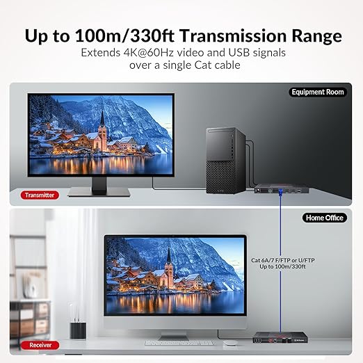 AV Access HDBaseT 3.0 HDMI KVM Extender, Uncompressed 4K@60Hz 4:4:4 Upto 330ft, Zero Latency, USB 2.0 Remote Control, HDR/Dolby Vision, Audio De-Embed, PoH, for Server Room, Gaming & AV Installations