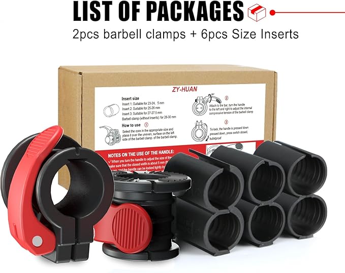 ZY-HUAN Barbell Clips 1 inch Barbell Clamps 0.9-1.18inch Quick Release Weight Clips for Bars Multi-Size Adjustable Olympic Barbell Clamps (Red + Black)