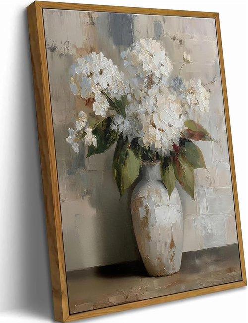 Framed Vintage Floral Canvas Wall Art - White Hydrangea Painting for Home Decor | 12x16in