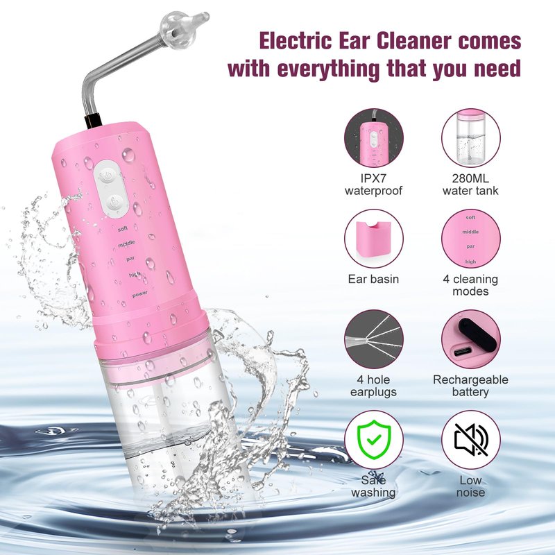 Ear Wax Removal, Electric Ear Irrigation Flushing System, Water Powered Ear Cleaner with 4 Pressure Modes, 6 Reusable Replacement Tips, Safe and Effective Ear Cleaning Tool for Adults (Pink)