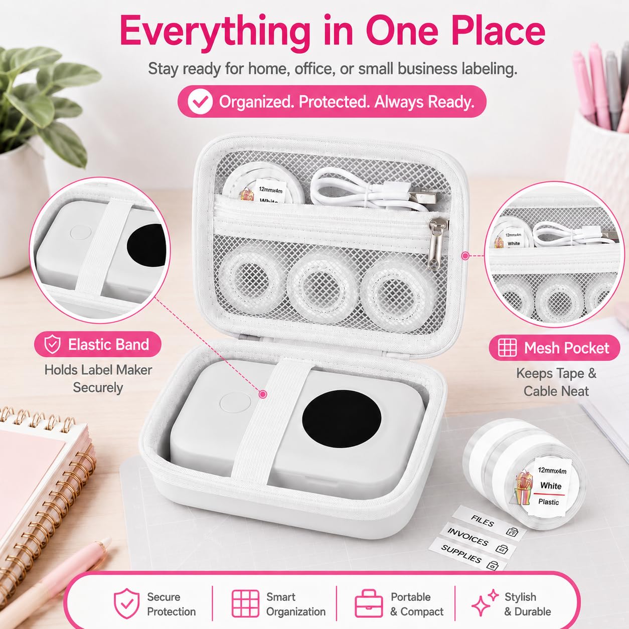 PAIYULE Hard Carrying Case for Phomemo D30 D35 Label Maker, Label Printer Case for Nelko P21, for NIIMBOT D110 D11, for Marklife P11 P12, for SUPVAN E10 Storage Bag with Mesh Pocket(White)