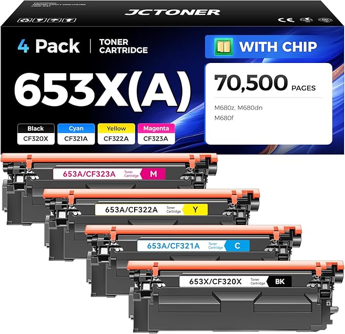 653X 653A Toner Cartridge Set 4-Pack High Yield Replacement for HP 653X 653A CF320X CF321A CF322A CF323A Compatible for HP Color LaserJet Enterprise Flow MFP M680z M680dn M680f Printer Ink Black Cyan