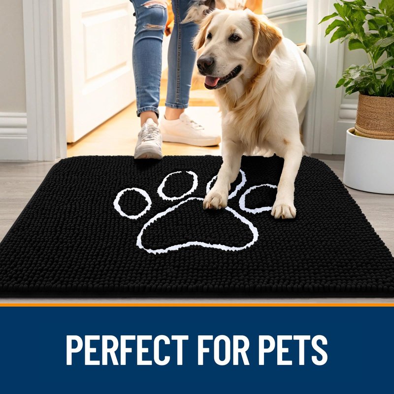 OLANLY Dog Door Mat for Muddy Paws 47x20, Paw Print Design, Absorbs Moisture and Dirt, Absorbent Non-Slip Washable Doormat, Quick Dry Chenille Mud Mat for Dogs, Entry Indoor Entryway Carpet, Black