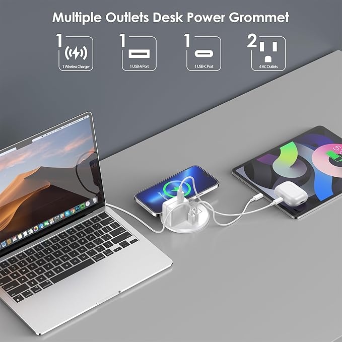 Recessed Power Grommet 3-inch Hole, 15W Wireless Charger, 20W USB C Fast Charging Station,2 AC Plug, Flush Mount Countertop Outlet, Workspace Essential Desk Hole Cover for Cables White