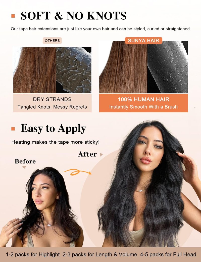 Sunya Tape in Hair Extensions Human Hair 18 Inch Straight Remy Human Hair Tape in Extensions Seamless Skin Weft Natural Black Tape in Hair Extensions #1B 50g 20Pcs/Pack