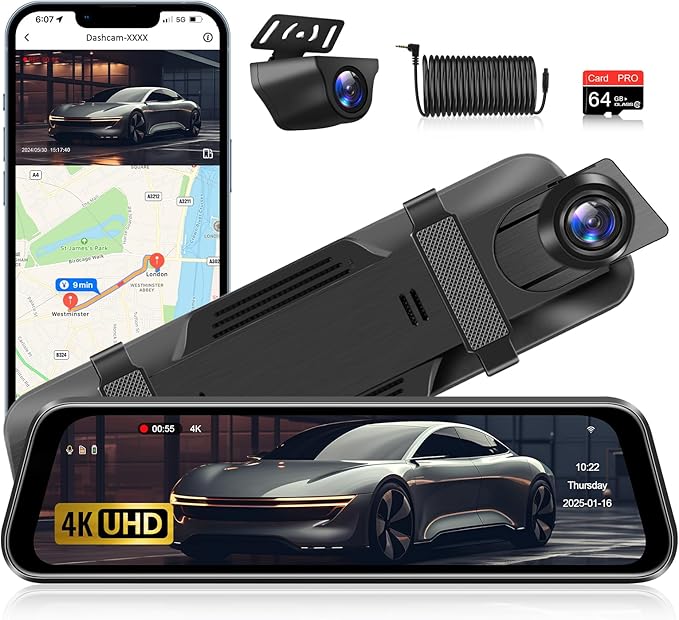 【Limited-Time】 4K WiFi Rear View Mirror Camera 10’’ Mirror Dash Cam Front and Rear w Super Night Vision Dash Cam Mirror w 64G TF Card WiFi App Loop Recording G Sensor Waterproof Reversing Camera