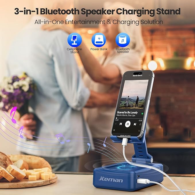 JTEMAN Cell Phone Stand with Bluetooth Speaker and Charging Function, HD Sound Adjustable Phone Holder, Birthday Gifts for Men Women, Cool Tech Kitchen Gadgets for All Phones,Tablet (Blue)