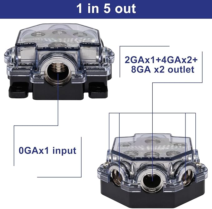S SYDIEN 2pc Power Distribution Block Car Audio 1 in 5 Ways Out Car Audio Distributions Block 0 Gauge Input 2/4/8 Gauge Out Ground Cable Splitter Distribution Blocks for Automotive