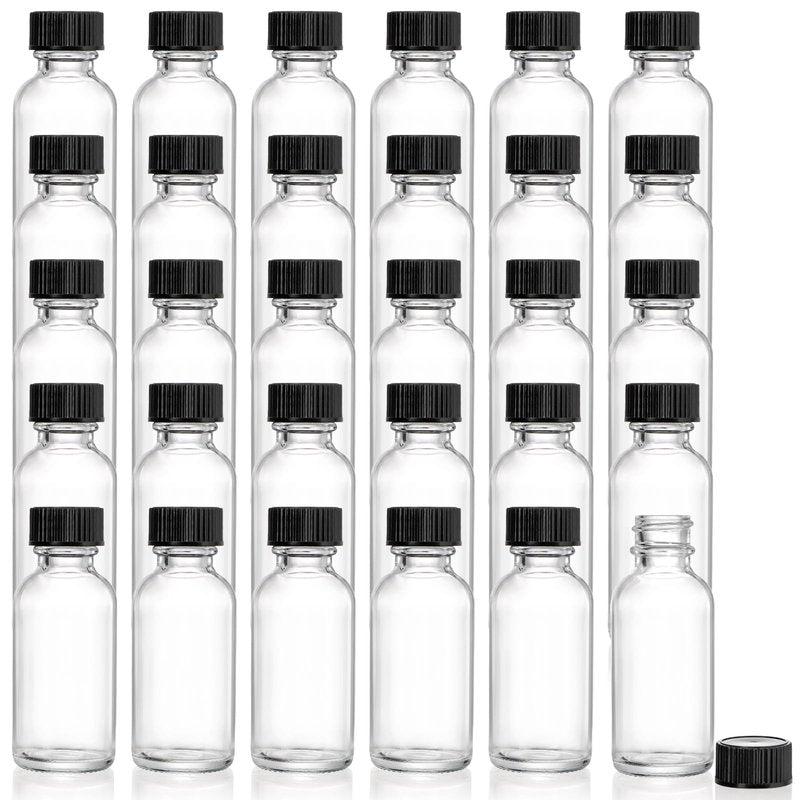 Bekith 30 Pack Boston Round Glass Bottle with Black Cap, 1 oz (30ml) Clear Glass Bottles Small Travel Bottle for DIY Essential Oils, Perfumes, Whiskey and Juices