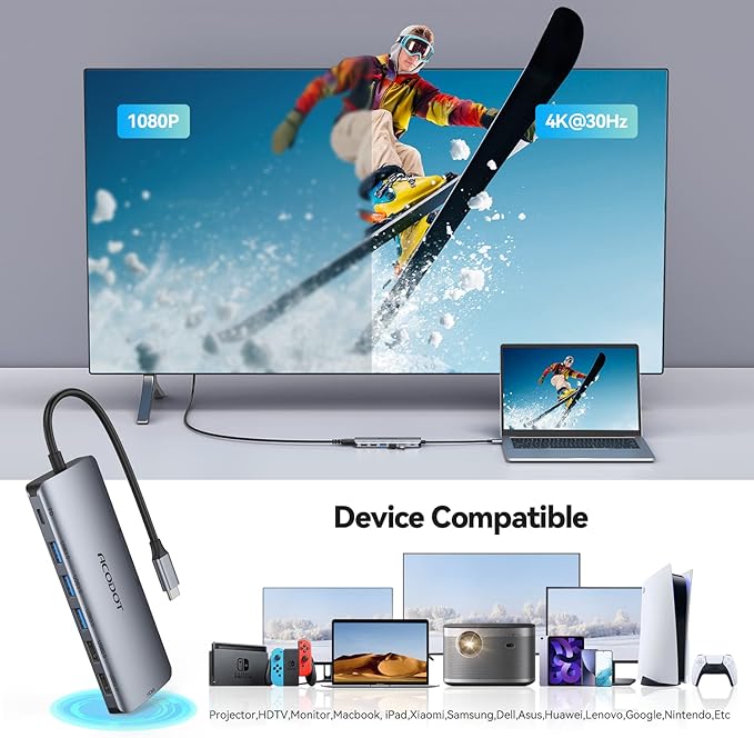 USB C Hub, Acodot 9-in-1 USB C Dongle, All-in-One USB C Hub Multiport Adapter with 3 x USB 3.0 ports, 4K HDMI, 100W Power Delivery, MicroSD/SD Card Reader for MacBook Air, MacBook Pro, XPS