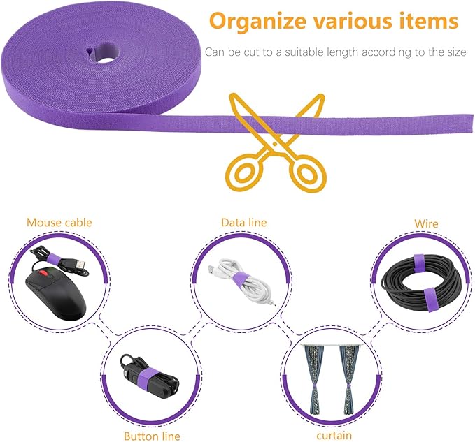 Saisn Reusable Fastening Tape Cable Ties 3/4 Inch Double Side Hook Roll (25 Yard, Purple)