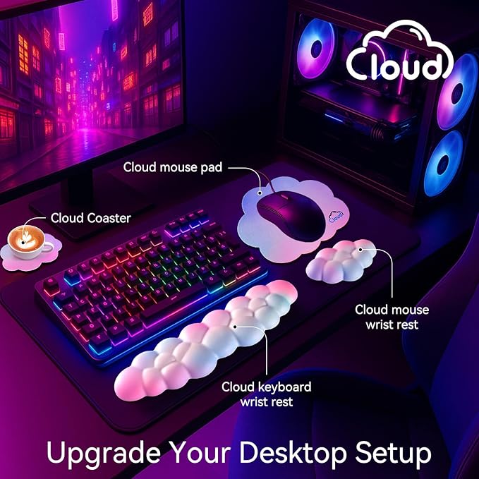 Sushret Cloud Wrist Rest for Computer Keyboard, 4-in-1 Memory Foam Leather Cloud Keyboard Wrist Rest and Mouse Pad Set with Ergonomic Support for Arm and Palm Cushion, Gaming/Work Setup, Dark Blue
